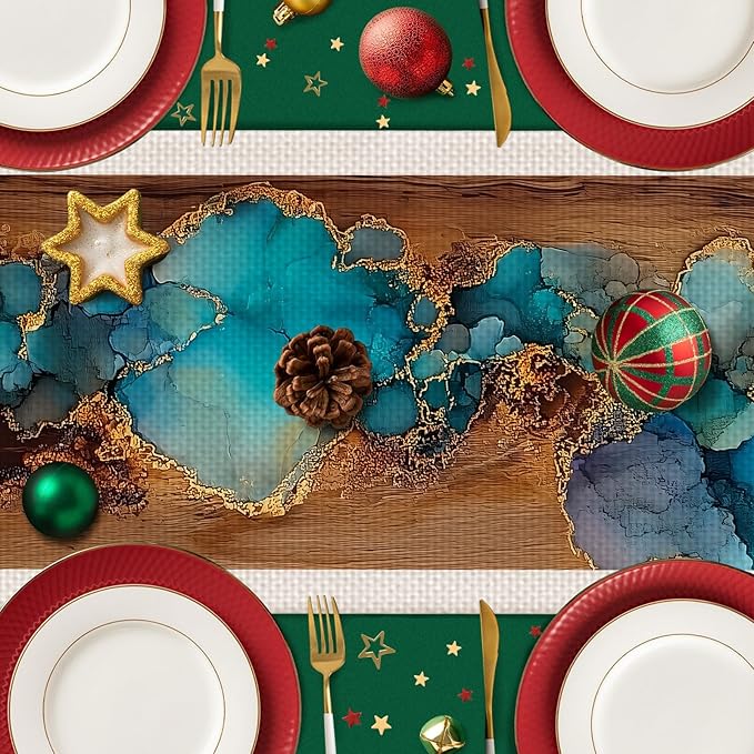 Turquoise Marble Table Runner,Dining Decor for Kitchen Coffee Table Family Dinners Holiday Parties Wedding Events Decor(13x72 inch)