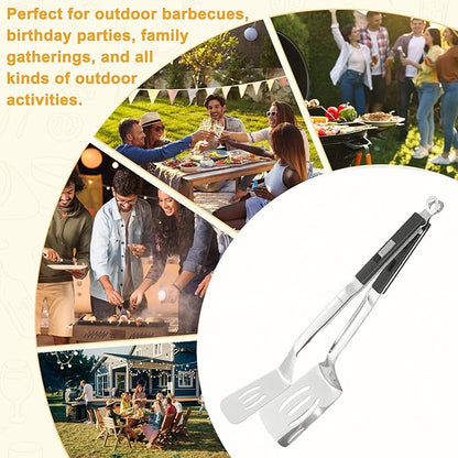 M METERXITY Spatula Tongs, 13.4 Inch 304 Stainless Steel Anti-Scald Extended Multifunctional Flipper Grill Clamp for Cooking/Barbecue, Kitchen Cooking Tongs [Black Handle, Silver Tone]