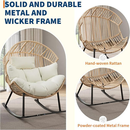Garvee Wicker Rocking Egg Chair with Extra-Soft Pillow and Thick Cushion | Oversized Ergonomic Rattan Lounge Rocker for Outdoor & Indoor, Living Room, Backyard & Garden – Cream Cushion, Wicker Frame
