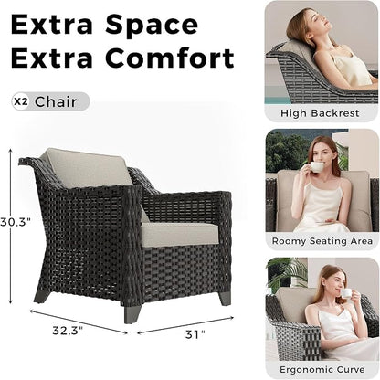 2 Piece Patio Furniture Set, Wicker Outdoor Conversation Set | Patio Chair Set with Olefin Removable Cushion, All-Weather Armchairs with Deep Seat for Porch, Deck and Backyard, Beige