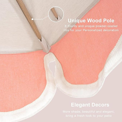 Tempera 9ft Scalloped Patio Umbrellas with Fringe, Market Umbrellas with Water-Resistant and Fade Resistant Canopy, 1.5" Wood Pole & Button Tilt,Beige Spliced Coral Red
