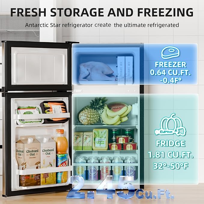 Antarctic Star Compact Mini Fridge with Freezer,Double Door with Adjustable Thermostat,Small Fridge Removable Shelves for Dorm/Office,2.45 Cu.Ft,STEEL