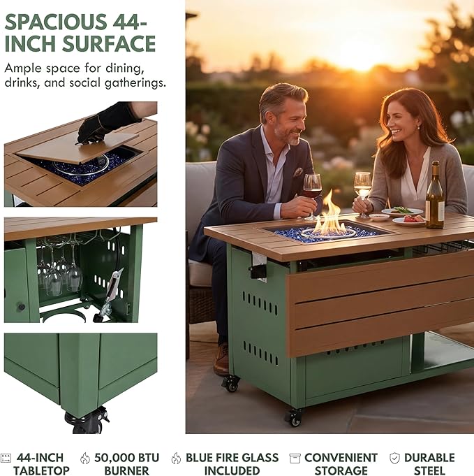 Outdoor Propane Fire Pit Table 44" with Lid & Wheels, Multifunctional Patio Fire Table with Storage Shelf, Steel Gas Firepit Dining Table for Backyard, Garden, Deck, Green