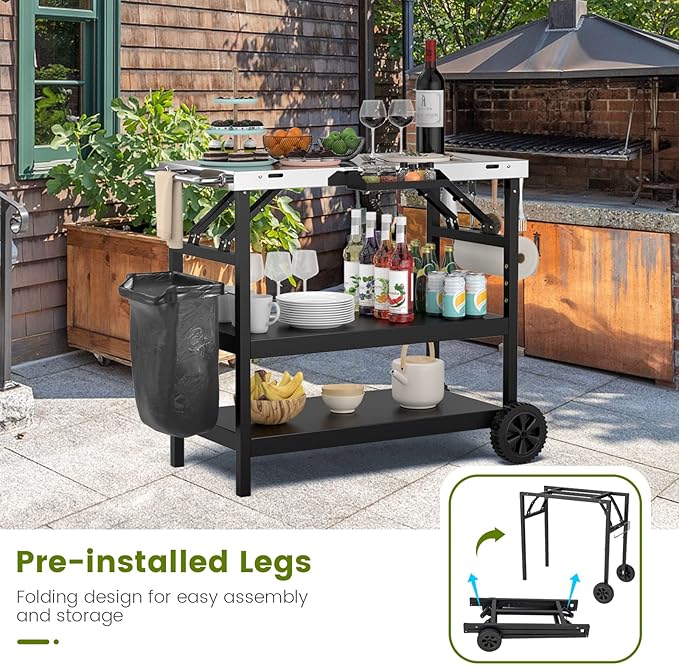 Giantex Outdoor Grill Cart with Wheels, Food Prep Table with 3 Storage Shelves, Detachable Spice Rack, Garbage Bag Holder, 4 Hooks, Movable Dining Cart Worktable Trolley for Outside Kitchen BBQ