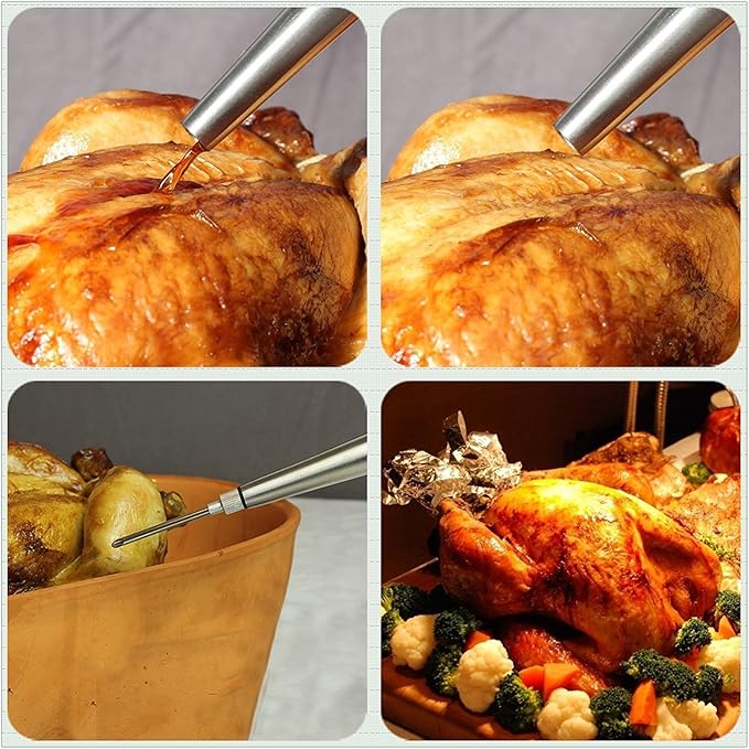 Stainless Steel Turkey Baster Syringe & Silicone Basting Brush Set, Rubber Bulb Manual Pump with Needle and Cleaning Brush
