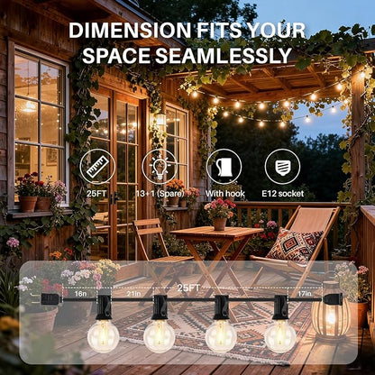 25 FT Outdoor String Lights G40 Globe Shatterproof Patio Lights,13 Plastic Edison Bulbs(1 Spare) IP65 Waterproof Dimmable LED Bulbs for Backyard Porch Balcony Party Decor, E12 Base, 2200K