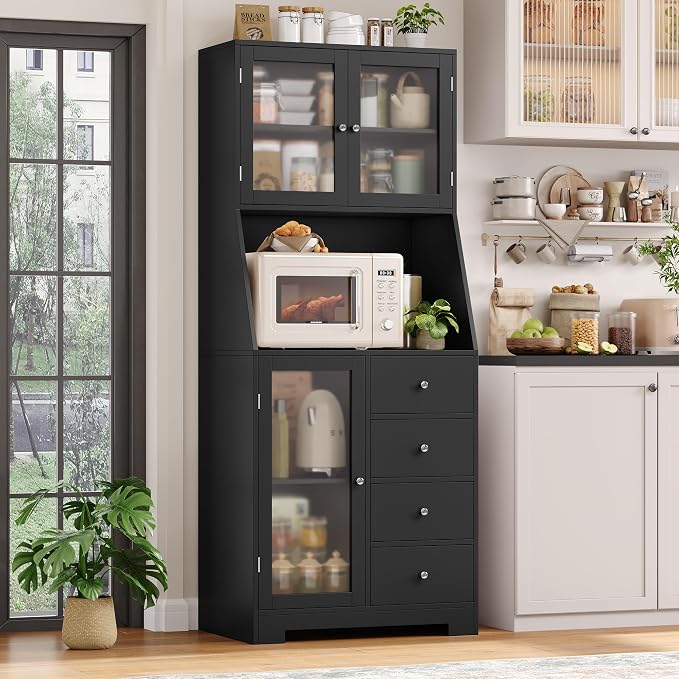 BOTLOG 64'' Kitchen Pantry Storage Cabinet, Tall Kitchen Storage Cabinet with Microwave Stand, Hutch Cabinet with Adjustable Shelves, for Dining Room, Black | Save Space, Frosted Glass Door, Hutch Cabinet with Adjustable Shelves, for Dining Room (Black)