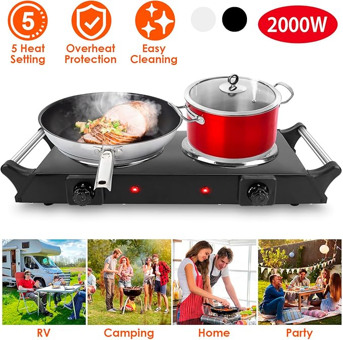 Electric Hot Plate, 2000W Countertop Double Burner with Adjustable Temperature & Handles, Stainless Steel Coil Electric Stove for Cooking Cooktop for Home Kitchen Dorm RV Camp, Black, Small