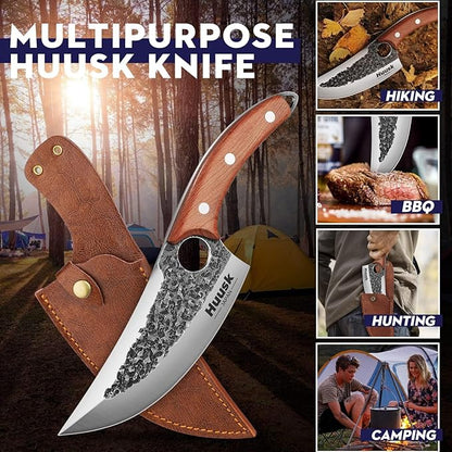 Huusk Knife Japan Kitchen Upgraded Viking Knives with Sheath, Hand Forged Butcher Knife for Meat Cutting, Japanese Cooking Chef Knives, Sharp Meat Cleaver for Outdoor Camping, BBQ, Gift for Men