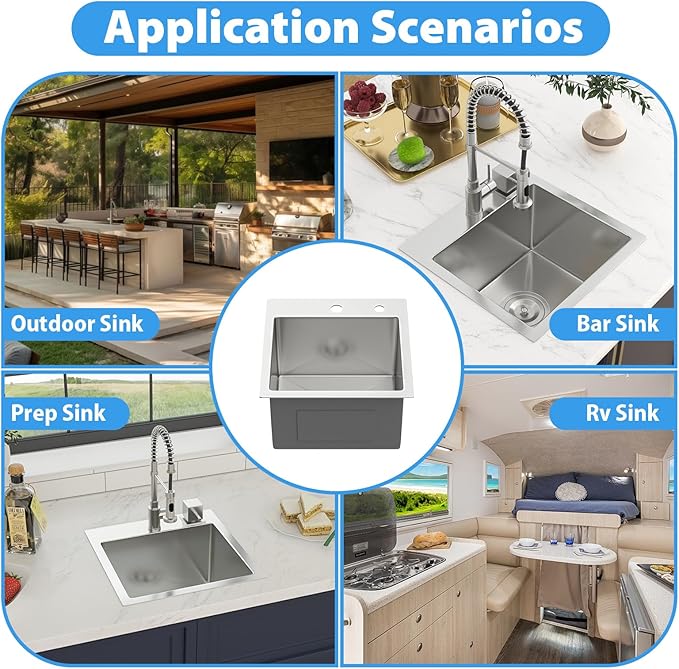 15 Drop In Bar Sink 15 x 15 Inch Kitchen Sink 18 Gauge Stainless Steel Single Bowl Topmount Handmade Sink for Outdoor, RV, 15x15x9