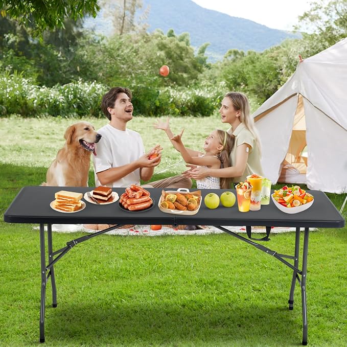 BestOffice | 6FT Folding Table | Black | Portable Plastic Table | with Carry Handle | Waterproof & Foldable Table Design | Steel Frame with Lock | for Events, Camping, Indoor & Outdoor Use