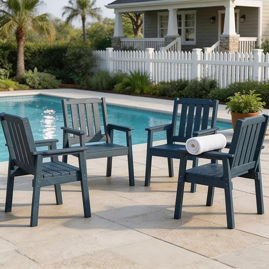 Outdoor Dining Chairs Set of 4, HDPE Patio Chairs 650LBS Capacity All-Weather Yard Armchair with Slatted Seat, 23.9" Wide Heavy Duty Modern Backyard Furniture for Garden, Poolside, Deck (Navy Blue)