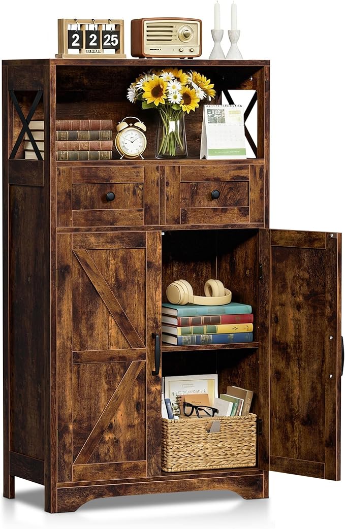 SUPER DEAL Farmhouse Storage Cabinet, Bathroom Floor Cabinet Kitchen Pantry with Doors and Drawers, Hutch Cupboard for Laundry, Living Room, Bedroom, Rustic Brown