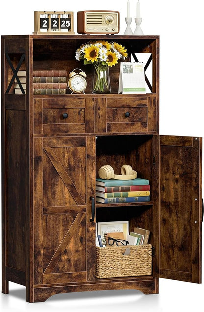 SUPER DEAL Farmhouse Storage Cabinet, Bathroom Floor Cabinet Kitchen Pantry with Doors and Drawers, Hutch Cupboard for Laundry, Living Room, Bedroom, Rustic Brown