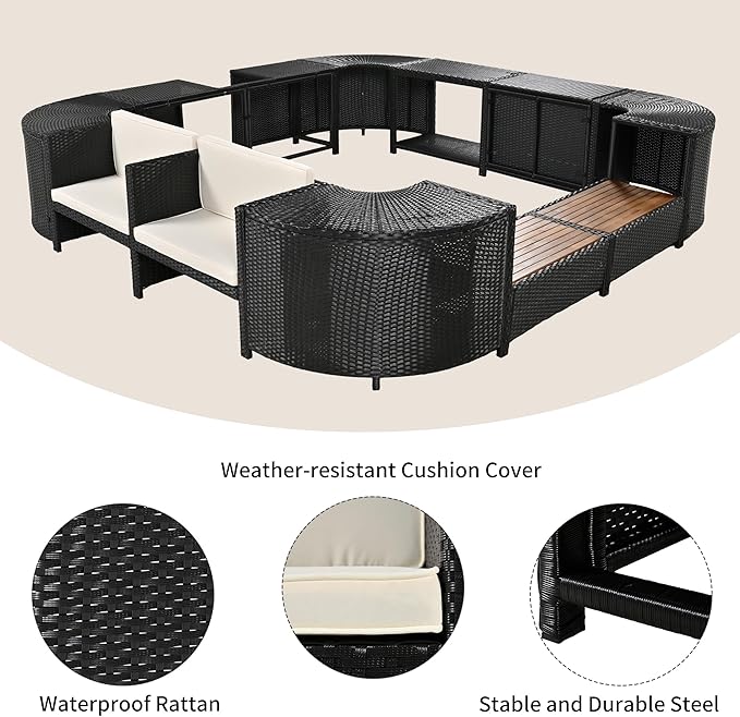 Merax Patio Furniture Set with Mini Sofa, Wooden Seats and Storage Spaces, Outdoor Conversation Sets for Patio, Lawn, Garden