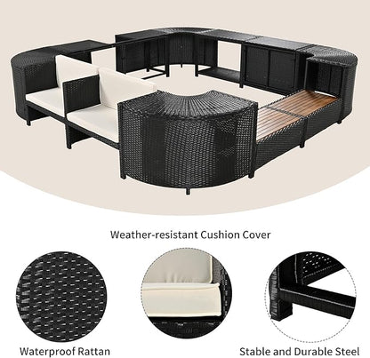 Merax Patio Furniture Set with Mini Sofa, Wooden Seats and Storage Spaces, Outdoor Conversation Sets for Patio, Lawn, Garden