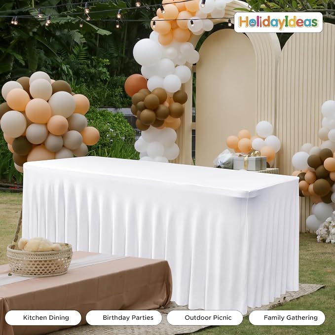 4 Pack White Spandex Table Covers 6ft Rectangle Ruffle Skirts for Party | Elastic Table Covers 6 Foot, Pleated Fitted Table Cloths, Wrinkle Resistant Elegant Table Skirts Wedding, Banquets
