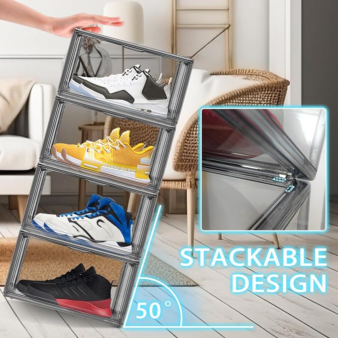 10 Pack Black Stackable Shoe Boxes, Space-Saving Everyday Sneaker Storage | Size 12, SPACE-SAVING STACKABLE DESIGN – Build upward to organize shoes while using less closet, shelf or floor space.