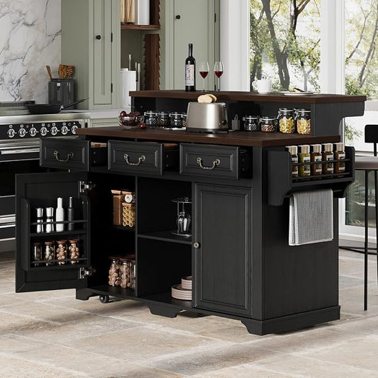 Merax 53.2" Two-Tier Kitchen Island with Storage, Farmhouse Kitchen Island with Power Outlet, 4 Door Shelves, Adjustable Shelves, 3 Drawers, Rolling Island Table, Bar Cabinet for Kitchen, Ash Black
