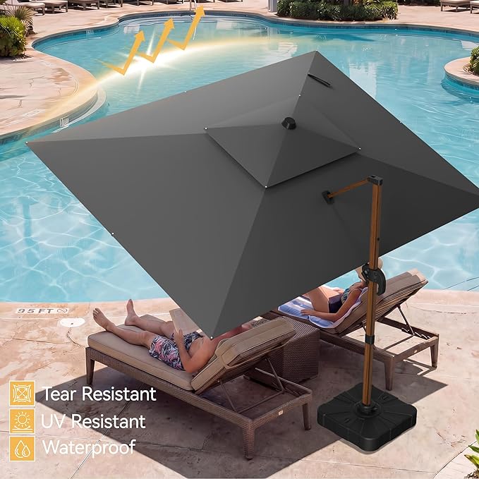 10x13 FT Wood Pattern Patio Umbrella with Base, Large Deluxe Cantilever Rectangular Double Top Heavy Duty Offset Umbrellas with 360° Rotation, Outdoor shade for Garden Pool Patio, Grey