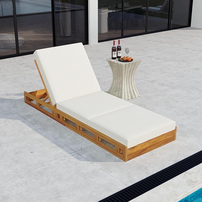 Merax Patio Chaise Lounge with Adjustable Backrest & Cushion, Acacia Wood Recliner Chair with Teak Finish for Backyard Pool Garden