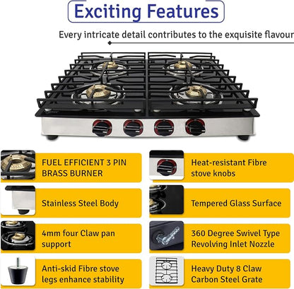 4 Burner Gas Stove Top, 25" Black Tempered Glass Countertop Stove | Stainless Steel 4 Burner Cooktop Burners RV Stove for Cooking Range Gas with Hose & Regulator to Connect Propane Cooktop