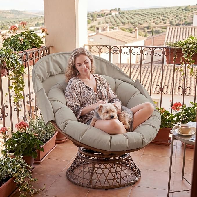 GTPLAYER Outdoor Wicker Egg Chair PE Rattan Chair with Cushion, Oversized Patio Lounge Chair with Canopy Papasan Chair 360° Swivel Base for Outdoor, Indoor, Balcony, Backyard, Garden, Brown