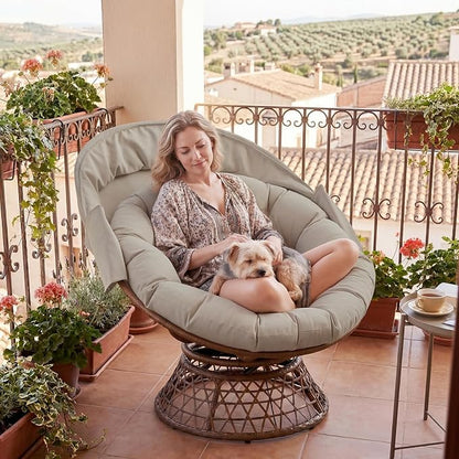 GTPLAYER Outdoor Wicker Egg Chair PE Rattan Chair with Cushion, Oversized Patio Lounge Chair with Canopy Papasan Chair 360° Swivel Base for Outdoor, Indoor, Balcony, Backyard, Garden, Brown