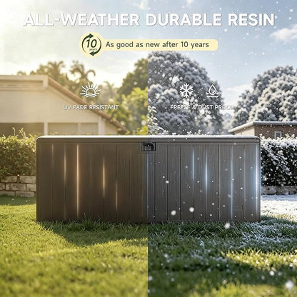 200 Gallon All-Weather Deck Box, Lockable Waterproof Resin Storage with UV Resistance for Patio Furniture, Garden Tools, Pool Accessories (Brown)
