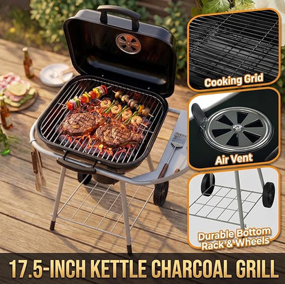 Portable 17.5-Inch Charcoal Kettle Grill with Wheels, Porcelain-Coated Steel Outdoor BBQ Smoker, Freestanding Grilling for Patio and Tailgating