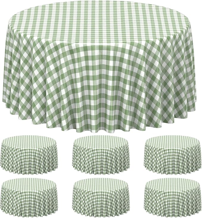 6 Pcs Sage Green Gingham Tablecloths 84 inch Checkered Round Tablecloths | Disposable Waterproof Green Round Gingham Tablecloths for Baby & Bridal Shower Picnic Camping Barbecue Birthday Party,84 Inch