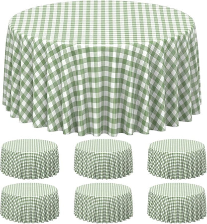 6 Pcs Sage Green Gingham Tablecloths 84 inch Checkered Round Tablecloths | Disposable Waterproof Green Round Gingham Tablecloths for Baby & Bridal Shower Picnic Camping Barbecue Birthday Party,84 Inch