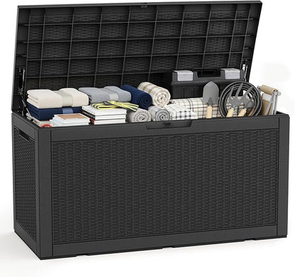 EasyUp 120 Gallon Waterproof Deck Box, Lockable Resin Outdoor Storage Box, Durable Storage Bin with Reinforced Hydraulic Rod for Patio Furniture, Garden Tools, Pool Accessories, Indoor Cushion, Black