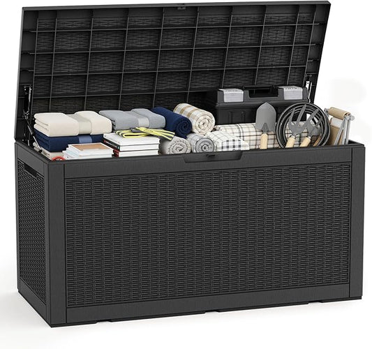EasyUp 120 Gallon Waterproof Deck Box, Lockable Resin Outdoor Storage Box, Durable Storage Bin with Reinforced Hydraulic Rod for Patio Furniture, Garden Tools, Pool Accessories, Indoor Cushion, Black