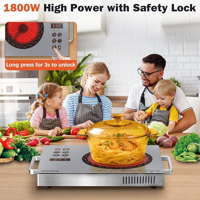 Single Burner Electric Cooktop, Protable Electric Stove with Handle, Countertop Ceramic Stove top for Camping, Home, RVs, Child Lock, Timer, Steam, BBQ, Stir Fry,110V - 120V Plug in, Grey