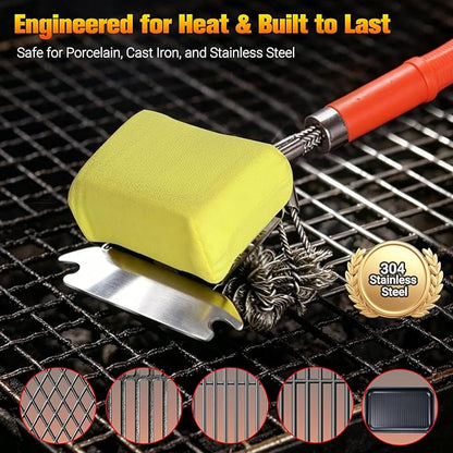 Professional 3-in-1 Grill Brush and Scraper with Safety Second Sweep Sponges - 18" Detachable Long Handle BBQ Cleaner for Heavy Duty Grime - Ideal Father's Day Grilling Gift for Men (Orange)