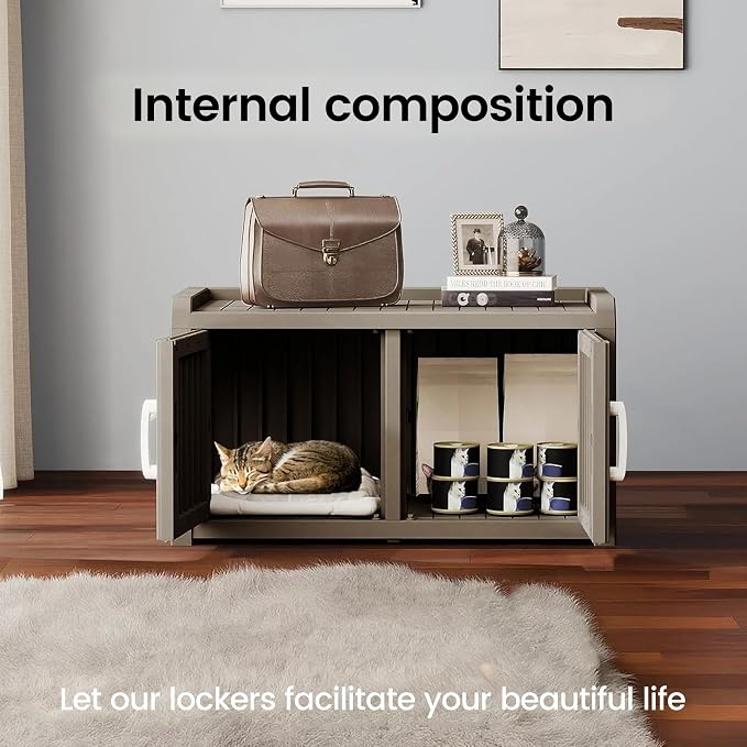 2 Doors Shoe Storage Bench with Cat Cabinet for Entryway, Hallway, Grey | 2 Hidden Side Doors Entryway Bench with Seat, Waterproof Resin Shoe Rack for Entryway, Bedroom, Living Room, Indoor/Outdoor