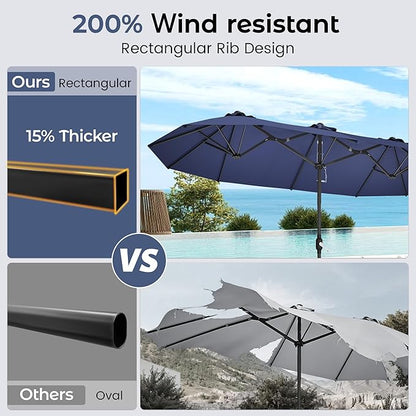 DomeShade 15ft Patio Umbrella with Base,Large Outdoor Double-Sided Rectangle Umbrella with Crank Handle, Market Umbrella for Poolside Garden Deck Backyard Beach Pools, Navy Blue