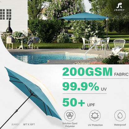 JEAREY 8x10 ft Rectangular Patio Umbrellas Outdoor Table Market Umbrella w/Crank, 8 Sturdy Ribs, UV Protection Windproof Sunproof for Garden, Deck, Backyard, Pool(Cerulean)
