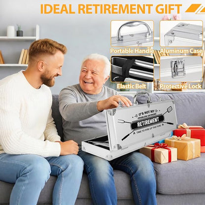 Retirement Gift for Men BBQ Grill Tools Set with Spatula Fork Tongs Brush Apron Heavy Duty Stainless Steel Grilling Accessories in Aluminum Case Retired Gifts for Dad Grandpa Coworker Teacher Boss