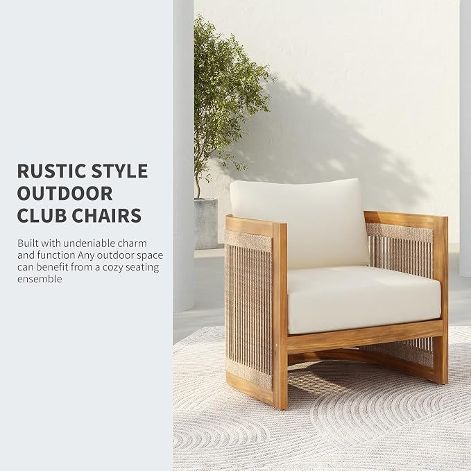 Christopher Knight Home Dora Set of 2 Patio Club Chair with Cushions, Acacia Wood Lounge Chair Outdoor, Woven Accents, Curved Design Side Chair for Balcony Backyard Garden Poolside, Beige + Teak