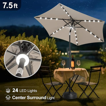 FLAME&SHADE Solar Patio Umbrella with Centre Light, 7.5 FT Taupe | UV Protection, Small Solar Outdoor Umbrella for Porch, Deck, Backyard, Garden, Provides Evening Lighting, 24 LED Lights