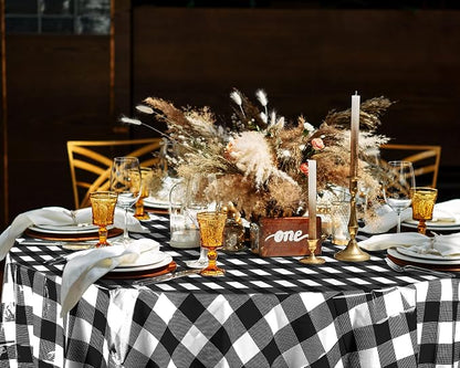 Disposable Checkered Tablecloth Round Plastic Buffalo Plaid Table Cloth 84'' Gingham Tablecover for Picnic Camping BBQ Graduation Party (Black and White, 6 Pieces)