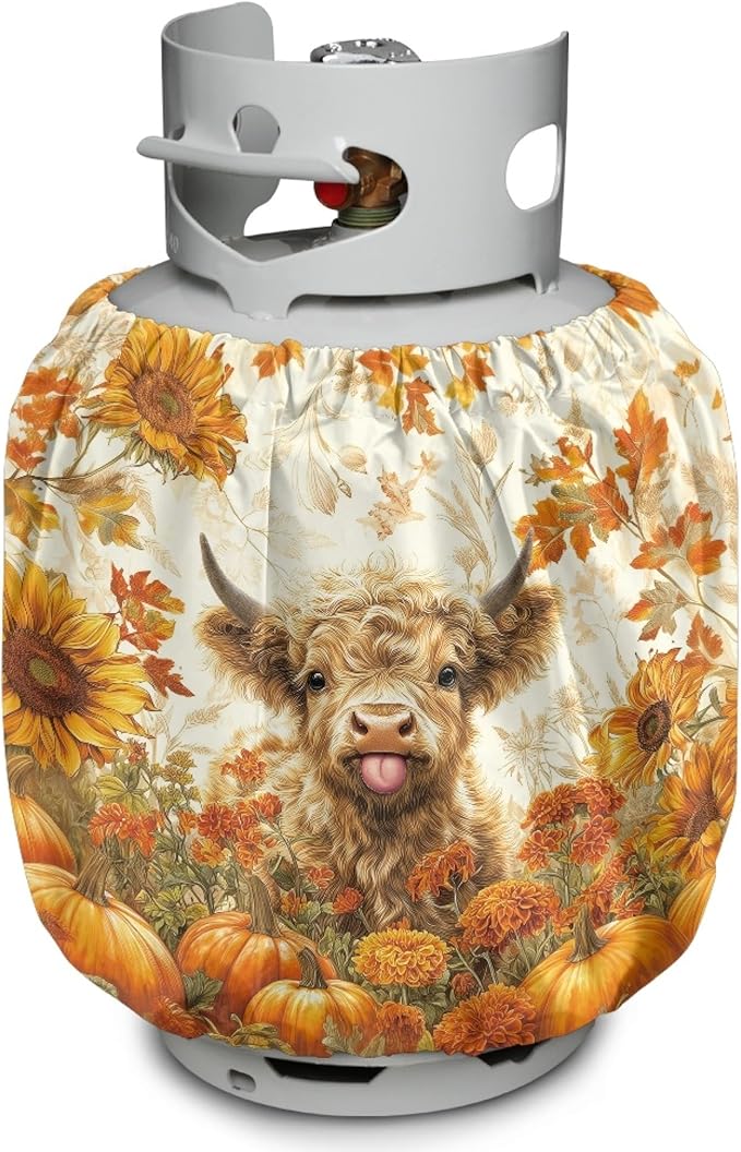 Fall Propane Tank Cover 20lb Highland Cow Gas Tank Cylinder Cover for Outdoor Easy to Install RV Gas Cylinder Storage Pocket for Yard Party RV Travel Trailer