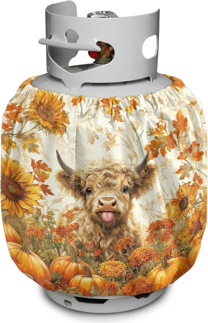 Fall Propane Tank Cover 20lb Highland Cow Gas Tank Cylinder Cover for Outdoor Easy to Install RV Gas Cylinder Storage Pocket for Yard Party RV Travel Trailer