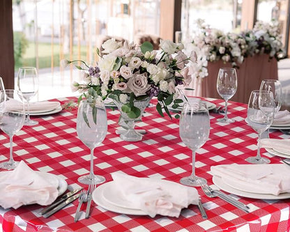 Disposable Checkered Tablecloth Round Plastic Buffalo Plaid Table Cloth 84'' Gingham Tablecover for Picnic Camping BBQ Graduation Party(Red White,12 Pieces)