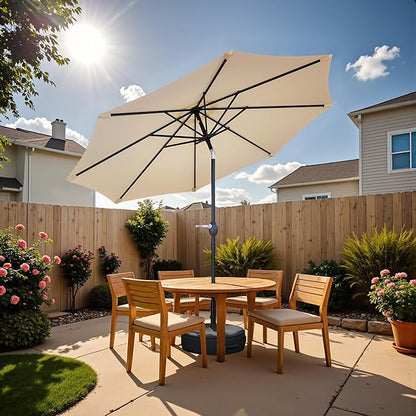 Greesum Outdoor Patio Umbrella with Base, Table Umbrella with 8 Sturdy Ribs, Push Button Tilt and Crank, Market Table Parasol for Garden, Lawn, Backyard & Pool, Beige