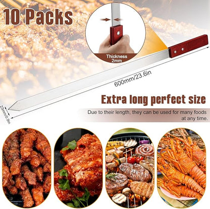 Idong 10 PCS Kabob Skewers 23.6" Flat Stainless Steel BBQ Skewers for Grilling Meat with Wood Handle and Tip Guards, Heavy Duty Reusable for Koobideh Persian Brazilian Shish Kebab