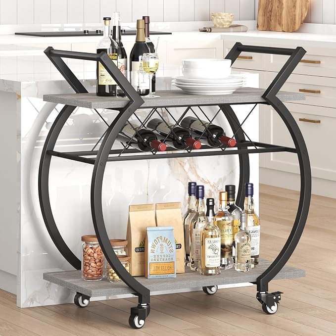 LVB Bar Carts for the Home, Industrial Wine Cart with Storage, Grey Oak | Modern Bar Cart with Wine Rack, Beverage Rolling Kitchen Serving Cart, Wooden Microwave Drink Liquor Cart for Dining Room