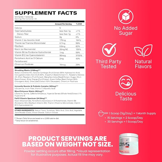 EHP Labs OxyShred Pre Workout Powder - Juicy Watermelon, 33 Servings | Supports Energy, Focus and Endurance with Acetyl L Carnitine and L Glutamine, Thermogenic Formula, Sugar Free, Zero Jitters